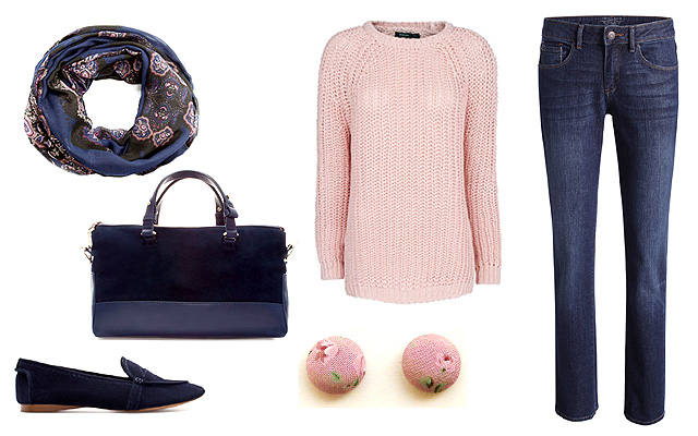 Pulóver, sálkendő: Mango, nadrág: Esprit, táska, cipő: Zara, fülbevaló: Adris (Meska)
