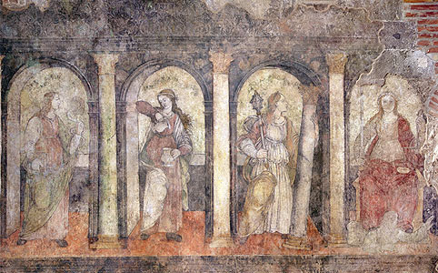 A négy erény, 1490 körül (Vitéz János terem, Vár, Esztergom). A freskó festője ismeretlen